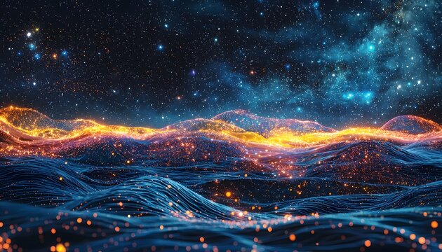 A conceptual ocean with glowing waves that form intricate light patterns, under a sky filled with radiant abstract constellations