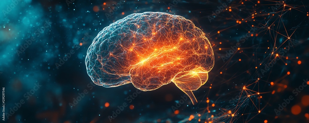 Poster scifi style illustration of a glowing brain model, showing active neural connections as bright lines