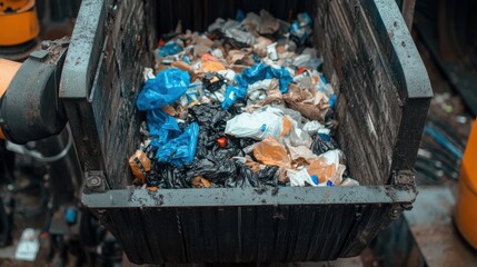 Robotic arm picking up unsorted garbage in a recycling plant