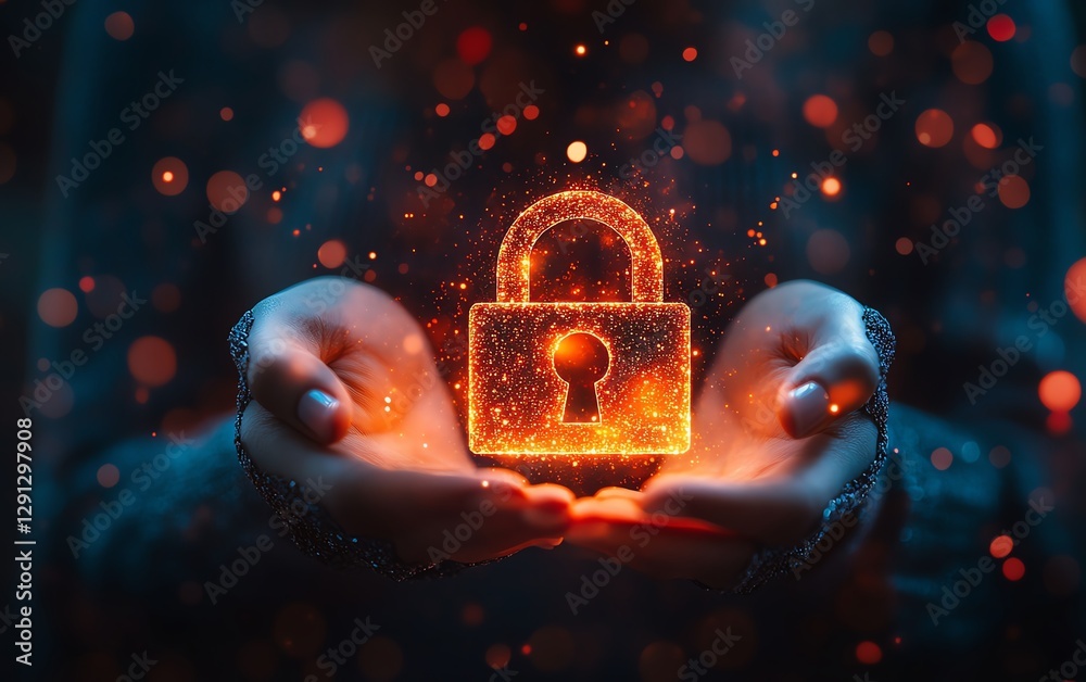 Poster stunning illustration of a person holding a glowing lock icon, showcasing cybersecurity and digital 