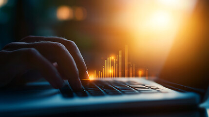 Digital marketer analyzing SEO performance on laptop with graphs and data visualization, showcasing growth and analytics