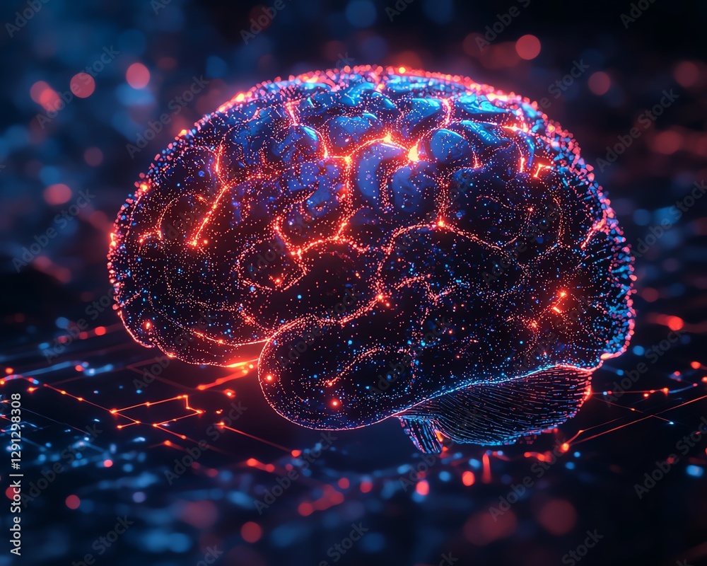 Aufkleber Concept art of a glowing brain model with neural activity, network connections appearing as vibrant lines, symbolizing tech intelligence and advanced cognition in a scifi setting