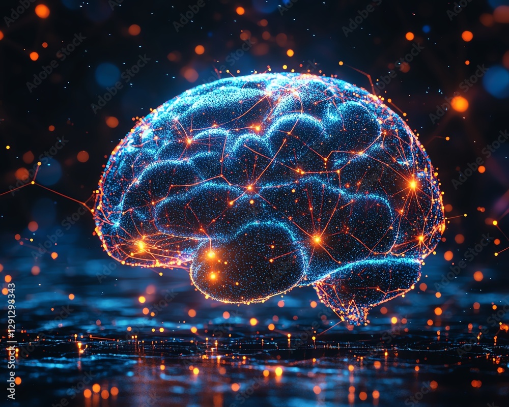 Poster concept art of a glowing brain model with neural activity, network connections appearing as vibrant 