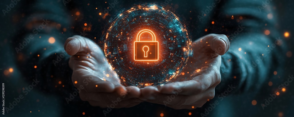 Poster Concept art of a person presenting a glowing lock icon, representing data protection and cybersecurity, with a focus on digital transformation and secure virtual systems