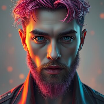 tark chiaroscuro of a bearded man with neon pink highlights in his hair 