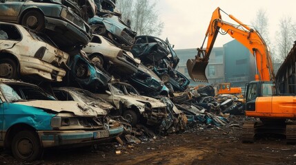 Excavator working at scrap yard, recycling damaged cars