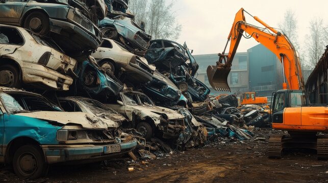 Excavator working at scrap yard, recycling damaged cars - Powered by Adobe