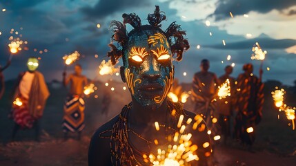 A surreal African festival where glowing masks and radiant tribal dances celebrate under a twilight sky