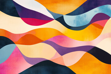 A bold and colorful abstract composition with overlapping organic shapes in warm sunset hues. The dynamic flow of the design adds energy and movement.