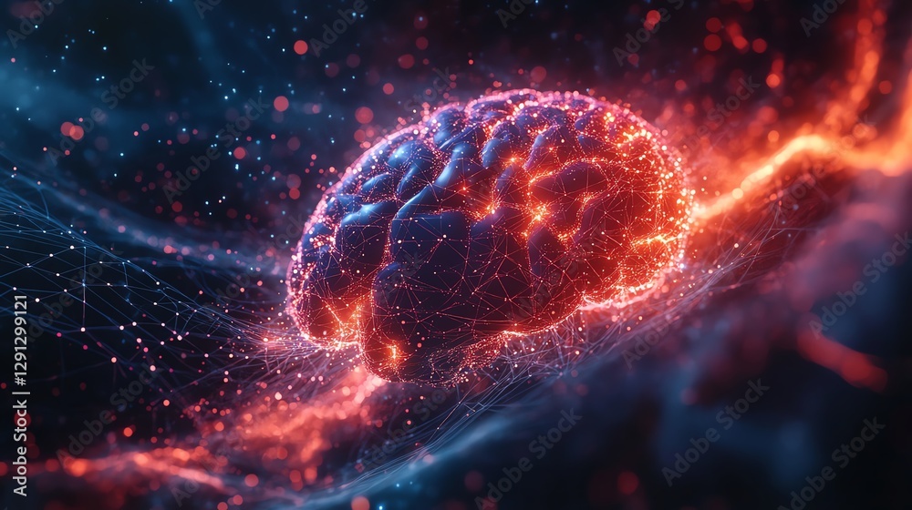 Poster creative illustration of a glowing brain with neural activity, network connections forming bright li