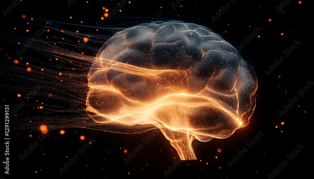 Poster Digital artwork of a glowing brain with neural activity, where network connections appear as bright lines, illustrating intelligence and technology against a dark background
