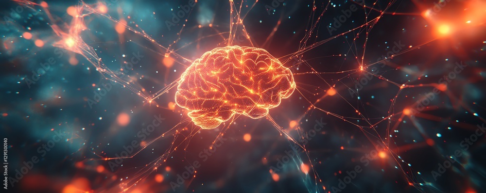 Poster futuristic digital illustration of a glowing brain showing neural activity