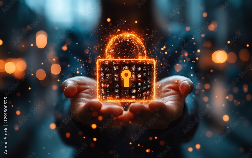 Poster illustration of a businessperson holding a glowing lock icon, symbolizing cybersecurity, with a tech
