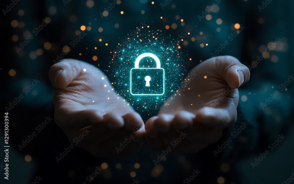 Poster Illustration of a businessperson holding a glowing lock icon, symbolizing cybersecurity, with a tech expert displaying the concept of data protection and digital transformation