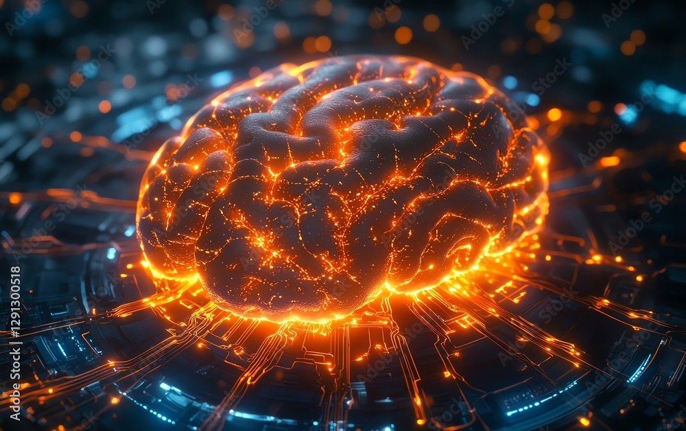 Leinwandbilder Illustration of a glowing brain model showing neural activity with bright network connections, highlighting intricate structure and tech intelligence on a dark scifi background