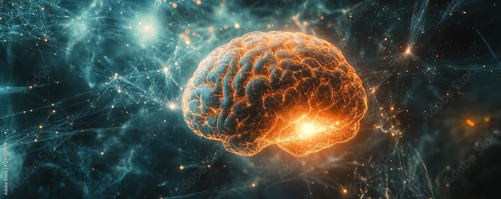 Aufkleber illustration of a glowing brain model with neural activity