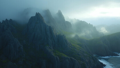 misty mountain landscape creates serene and mysterious atmosphere, showcasing rugged peaks and lush greenery. interplay of light and fog enhances natural beauty of scene