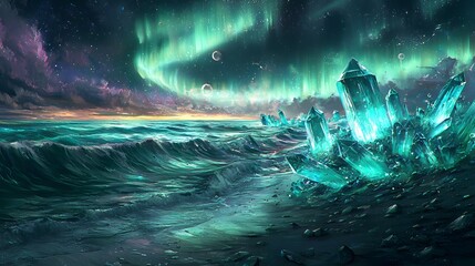 A surreal ocean scene with glowing waves crashing onto radiant crystal-covered shores under a cosmic aurora