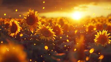 Obraz premium Sunflowers field at golden sunset with glittering particles.