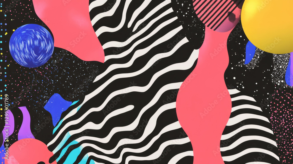 Poster Vibrant abstract shapes and confetti pattern for creative design projects