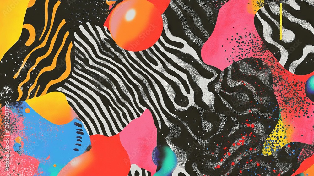 Poster Vibrant abstract shapes and confetti pattern for creative design projects