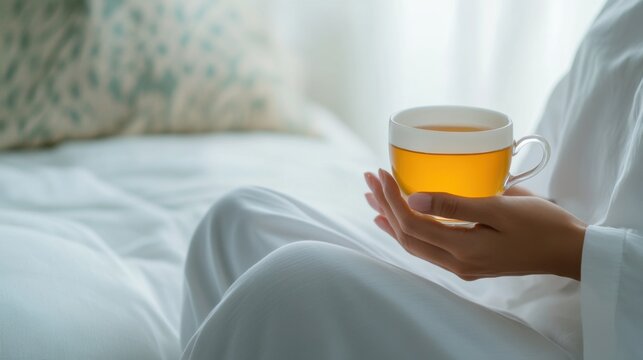 Hypertension patient enjoying a morning cup of herbal tea in a serene bedroom. Featuring mindfulness and relaxation