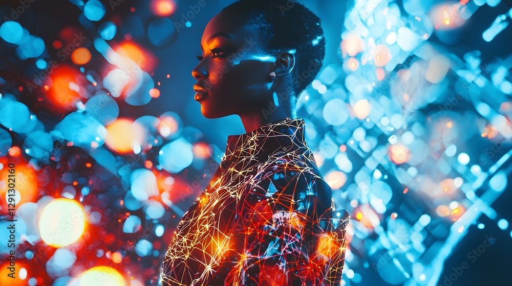 Aufkleber A conceptual fashion editorial featuring a model in a structured outfit surrounded by glowing fractal designs and radiant patterns