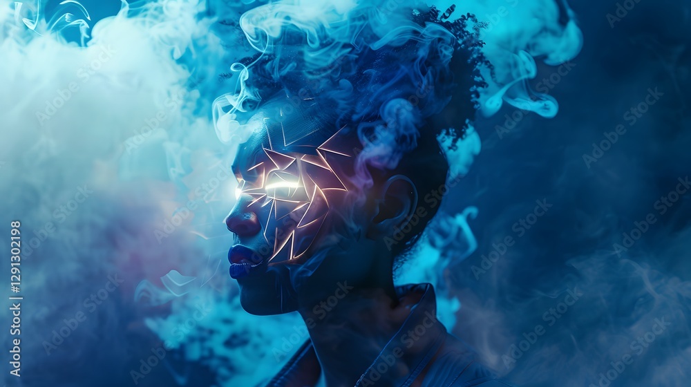 Poster A conceptual portrait with a model wearing a glowing mask, surrounded by radiant mist and abstract geometric lights