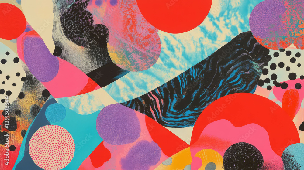 Poster vibrant abstract art with colorful shapes and polka dots for creative design