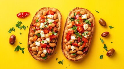 Summer Mediterranean-style beans on toast, with feta, Kalamata olives, and roasted red peppers, isolated on a sunny yellow background