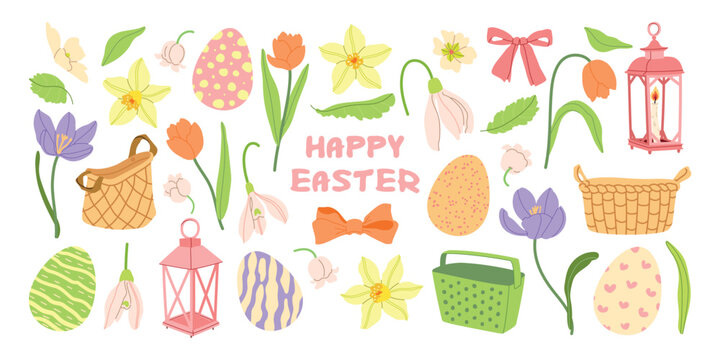 Easter eggs, spring meadow flowers, backets and lantern vector illustration collection. Modern hand drawn crocus, tulips, daffodils clip art set for books, stationery, banners and social media