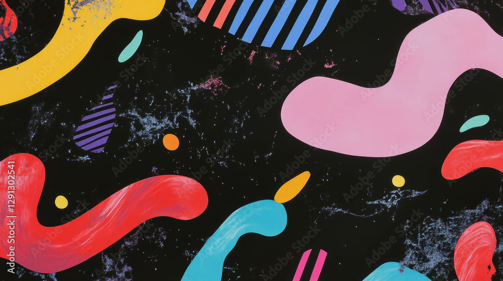 Poster vibrant abstract shapes and squiggles on dark background for artistic design