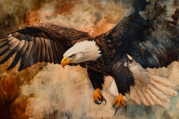 Fototapeta premium A dynamic close up of a bald eagle in mid flight, its wings fully extended and talons ready. The intense gaze and powerful presence of the bird make for a striking composition.