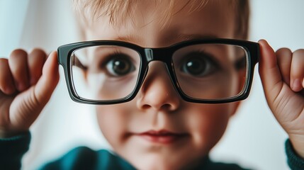 Fototapeta premium A child, blurred and out of focus, stands in the background, holding a pair of glasses.