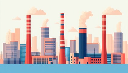 Obraz premium A vibrant illustration of an industrial skyline with smokestacks and modern buildings against a serene sky.