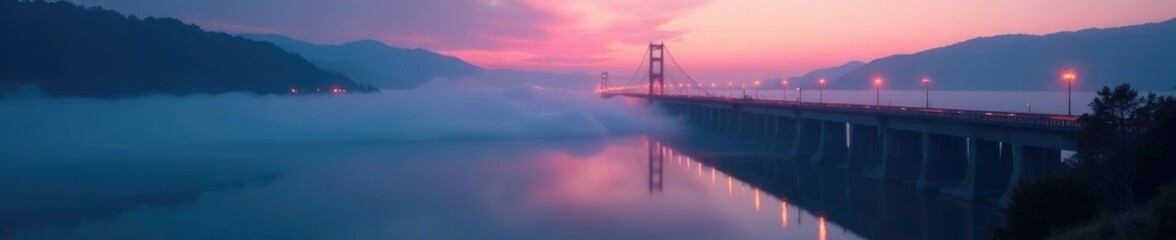 Misty bridge at dusk with eerie fog rolling in, twilight, mist, bridge