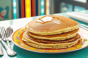 Delicious stack of fluffy pancakes topped with syrup on a colorful plate, perfect for breakfast or brunch settings.