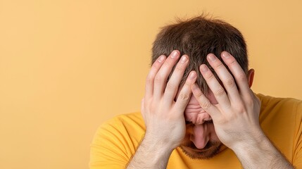 Fototapeta premium Distressed Man With Hands Over Face On Yellow Background
