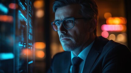 Businessman in glasses analyzing data on futuristic screen at night