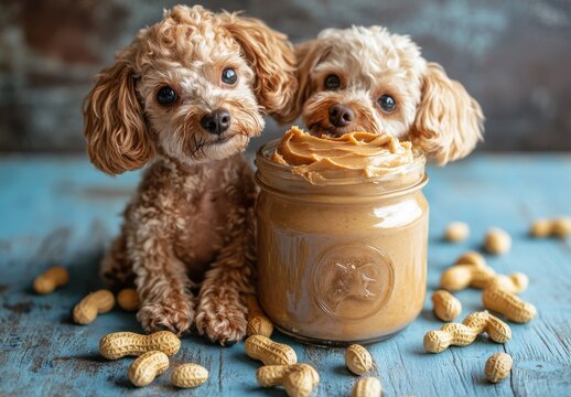 Two adorable fluffy puppies playfully pose beside a large jar of creamy peanut butter and scattered peanuts on a rustic wooden surface