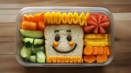 Child’s lunch box featuring a fun arrangement of healthy foods, including a smiling sandwich. 6
