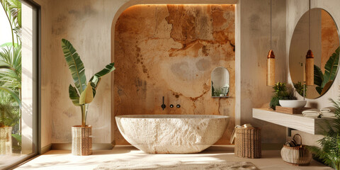 Biophilic-inspired decor incorporating natural elements, earthy colors, and indoor plants for a refreshing look