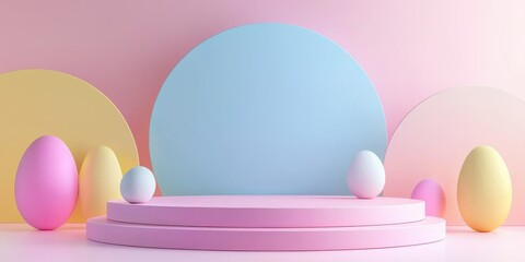 3d background minimalistic mockup with space for text, modern flat-style Easter design with simplified geometric shapes and bright pastel colors