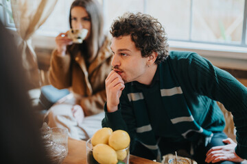 A man deeply engrossed in thought while seated at a cafe, with a woman in the background drinking...