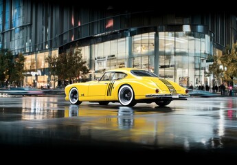 Obraz premium Classic Yellow Car with Unique Design in Urban Night Scene