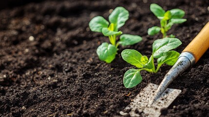 Naklejka premium Small gardening tools laying on fertile soil with young plants growing in a spring garden