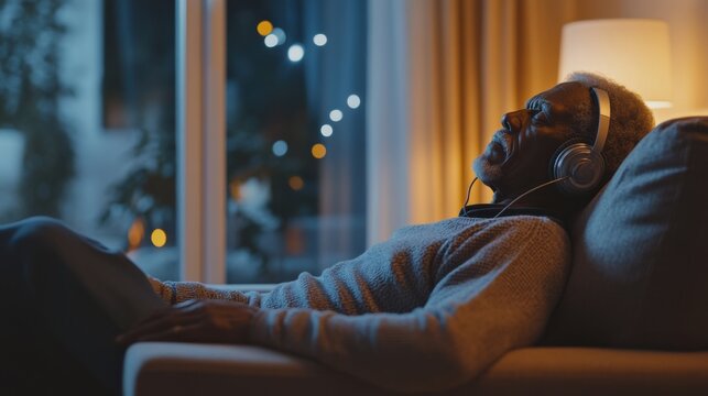 Hypertension patient enjoying a peaceful evening with calming music. Featuring relaxation and health