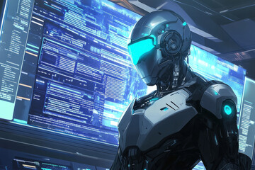 Illustration of a humanoid robot with a polished, silver exterior standing in front of a large computer screen filled with data. The robot glowing blue eyes add a sense of intelligence and innovation