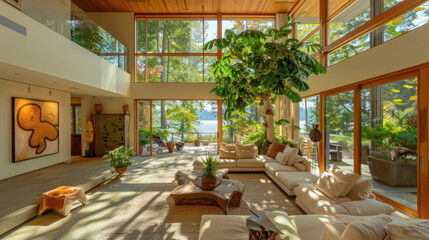 Fototapeta premium Biophilic family living room with indoor trees, earthy textures, and large windows that connect to nature