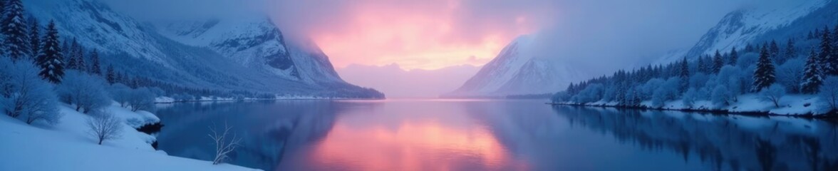 Fototapeta premium Misty fjord landscape with snow-covered trees and frozen lake at dusk during polar night, winter, nature